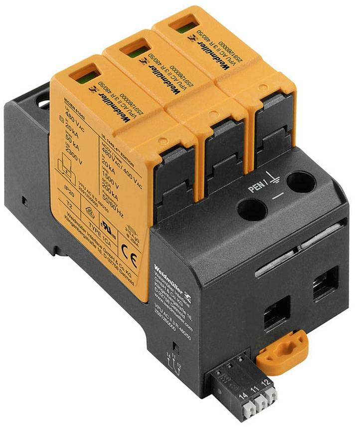 Egy túlfeszültségvédő készülék narancssárga modulokkal és fekete csatlakozási területekkel, amely alkalmas 400 V AC rendszerekhez.