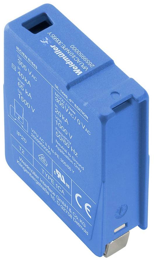 Elektronikus alkatrész kék házban, fehér műszaki specifikációkkal az elülső oldalán.