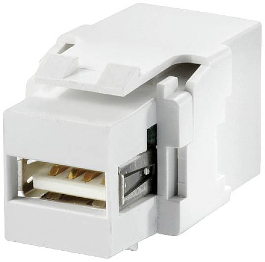 Egy fehér Keystone modul USB-A csatlakozóval, fali szereléshez, amely lehetővé teszi az USB-kábelek rögzített csatlakoztatását a hálózati infrastruktúrába.