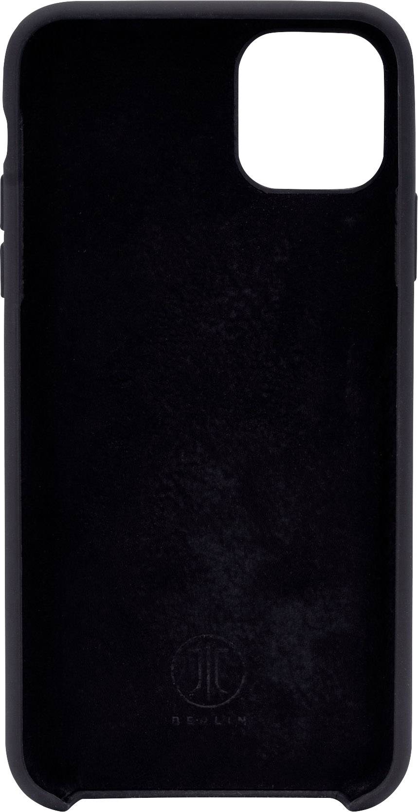 Egy fekete mobiltelefon tok, egyszerű dizájnnal, logószerű emblémával alul. Illeszkedik az iPhone-hoz, két kamera kivágással.