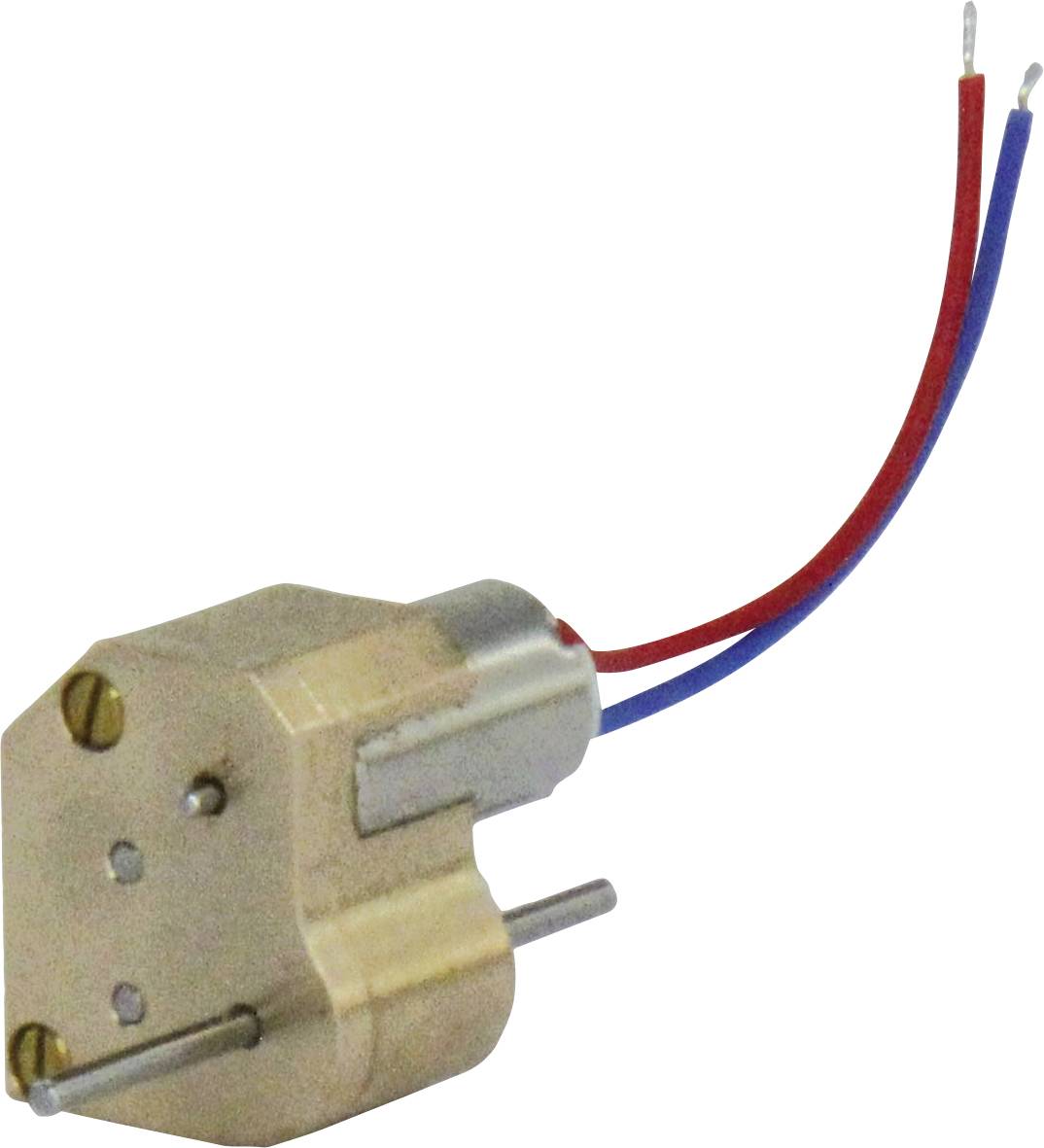 Egy kis elektromos motor látható kék és piros kábellel, rézburkolatú házra szerelve.