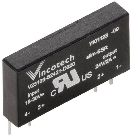Egy fekete elektromos alkatrész négy tűvel, amelyen a 'Vincotech' márkajelzés látható, feszültségtartomány '18-30V~', kimenet '24V/2A', típus 'slim-SSR'.