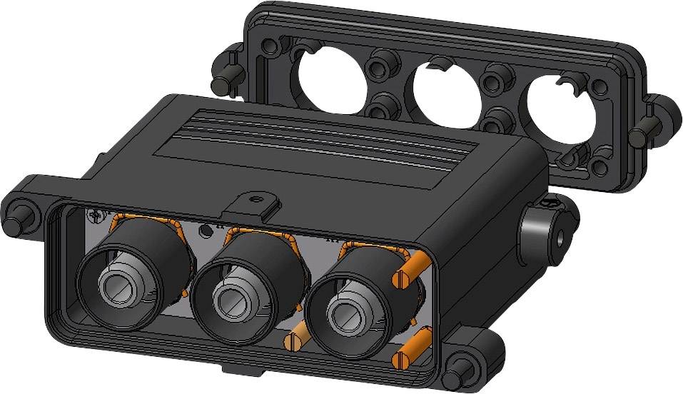 Háromdimenziós ábrázolás egy elektromos csatlakozóház hátoldalának nyitott nézetéről, három kábel csatlakozóval és csavaros rögzítési pontokkal.