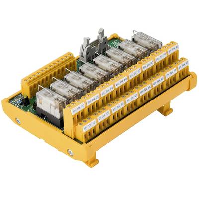 Egy sárga relé modul több átlátszó relével és számozott csatlakozókapcsokkal, amelyet elektromos áramkörökben használnak.