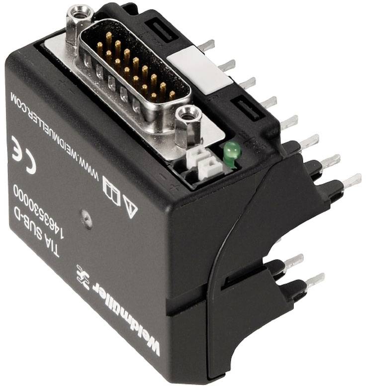 Egy fekete adapter több fémcsatlakozóval és egy széles csatlakozóval, amelyen a 'Wieland Electric' és a 'TIA SUB-D' felirat szerepel.