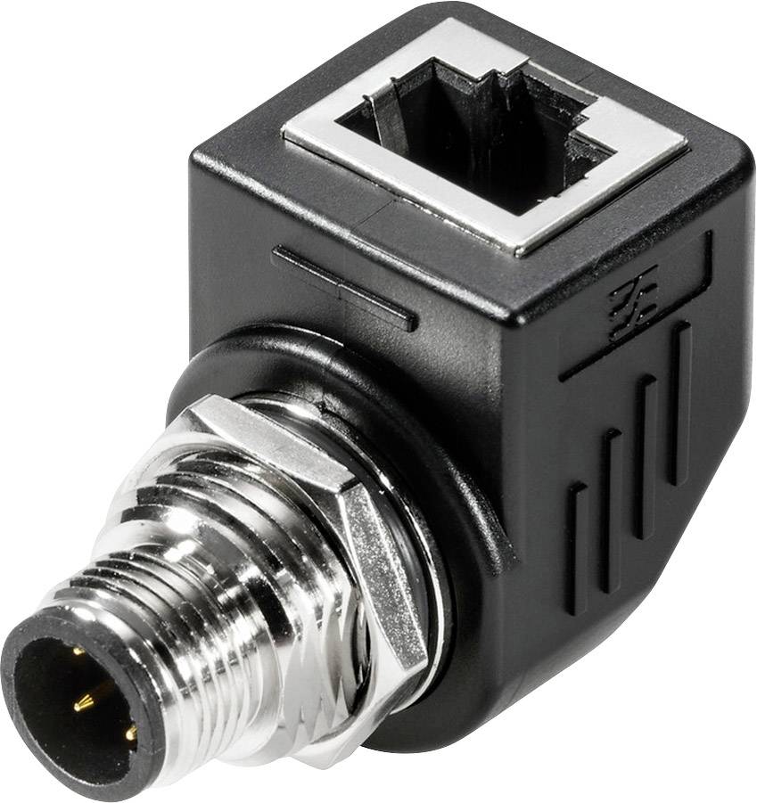 Fekete, négyszögletes menettel ellátott adapter, RJ45-ös csatlakozóval felül és hengeres fém csatlakozóval az oldalán.