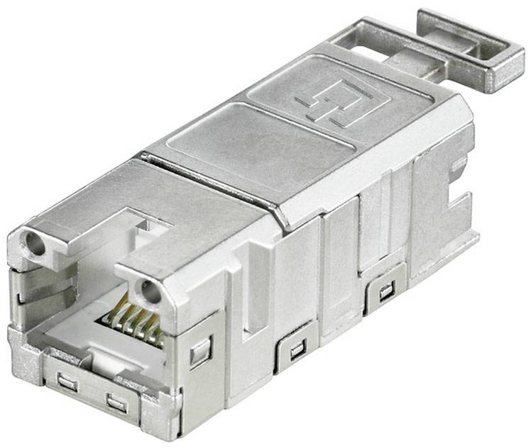 Fémes, moduláris RJ45 csatlakozó hálózati kábelezéshez. Ethernet-kapcsolatokhoz alkalmas, robusztus és megbízható csatlakozást biztosít.