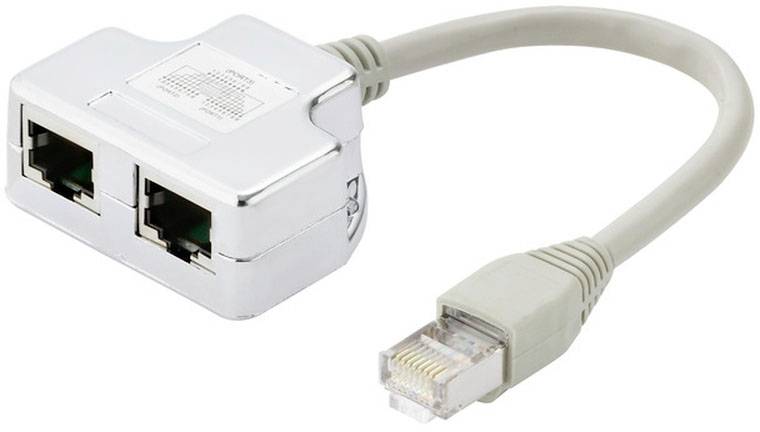 'Egy RJ45 Ethernet elosztó kettős kimenettel és egy bemeneti csatlakozóval, amelyet hálózati kapcsolat megosztására használnak.'