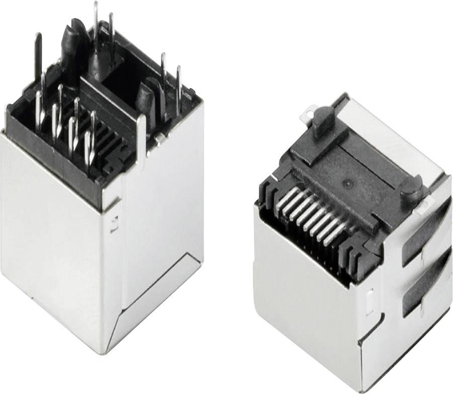 'Két ezüstszínű RJ45-es Ethernet-csatlakozó, az egyik felülnézetben, a másik oldalról nézve, látható csatlakozási pontokkal és fekete műanyag házban.'