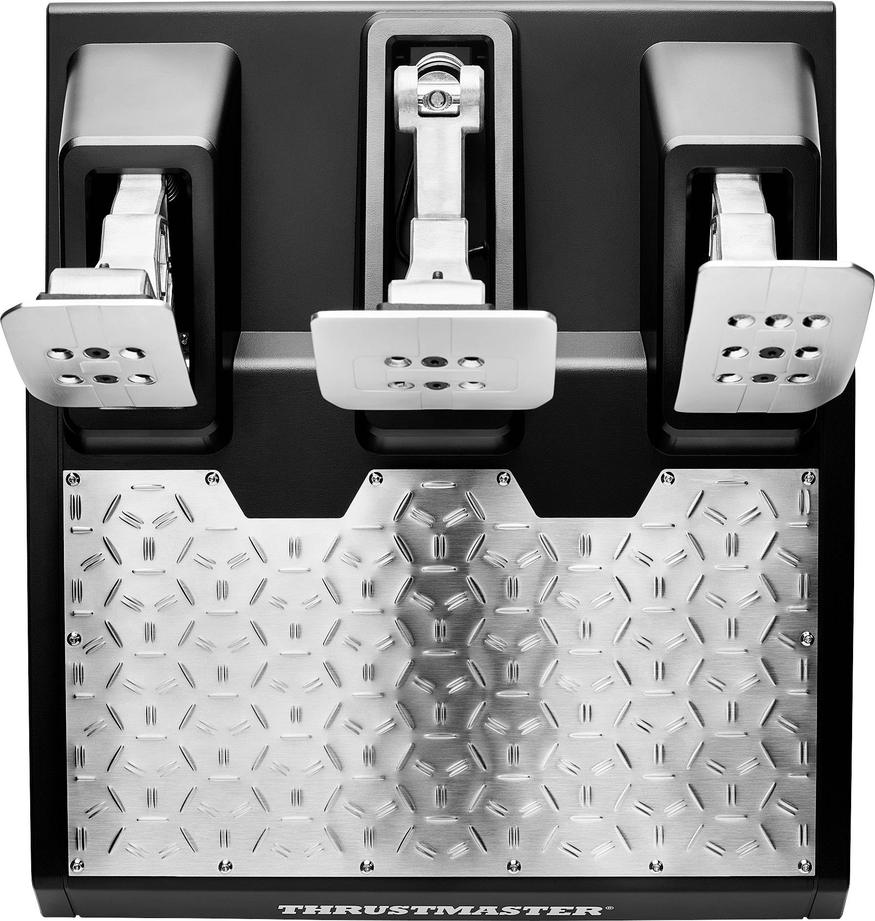 Egy hárompedálos Thrustmaster-pedálszett fémlapra szerelve, alkalmas verseny- vagy járműszimulációs játékokhoz.