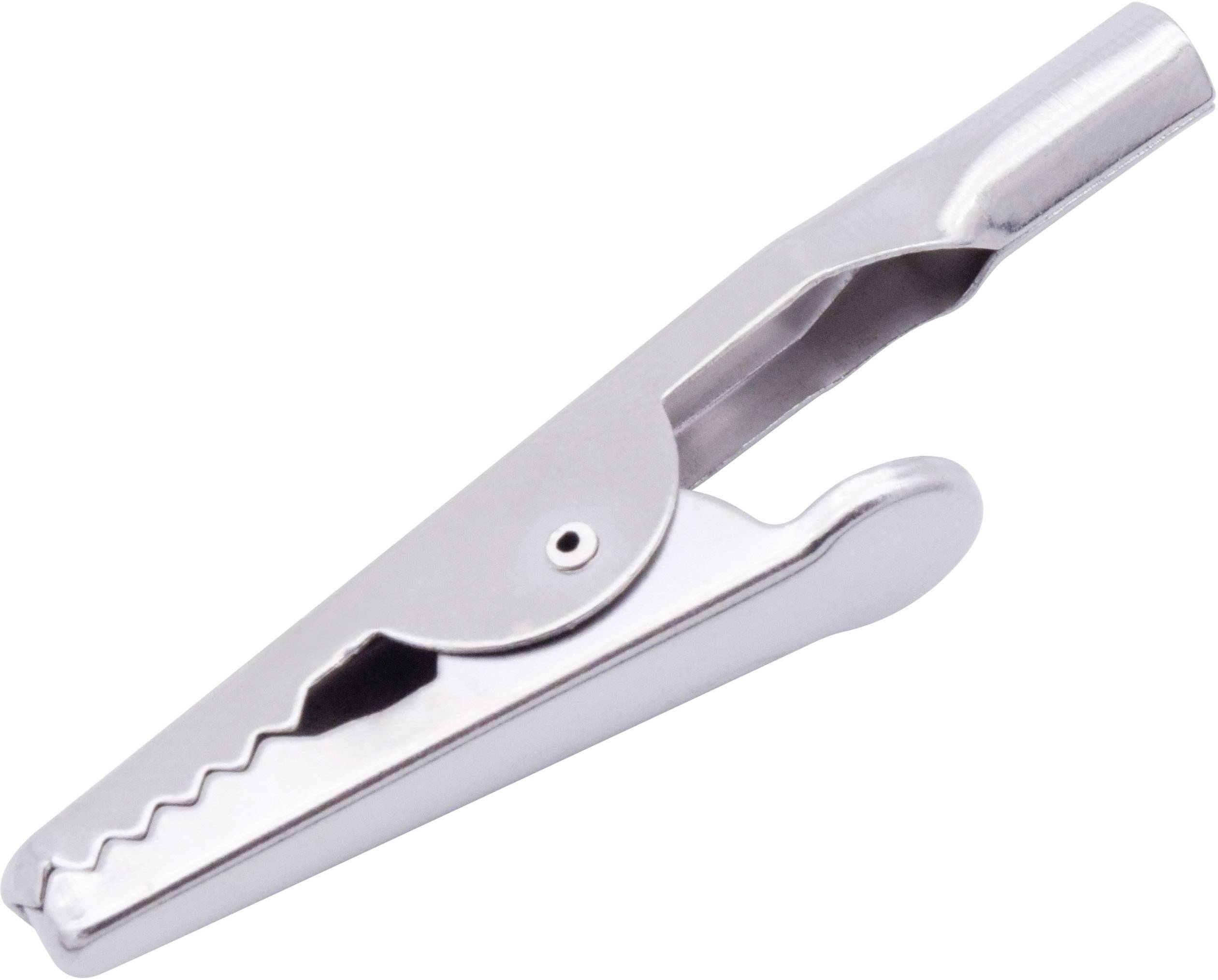 Ezüst fémes krokodilcsipesz fogacskált pofákkal tárgyak megfogásához.