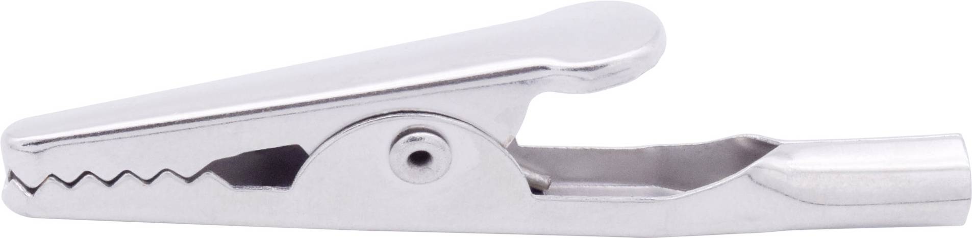 Egy fehér háttér előtt nyitott, fogazott szélű ezüstszínű krokodilcsipesz. Gyakran használják elektromos csatlakozásoknál.