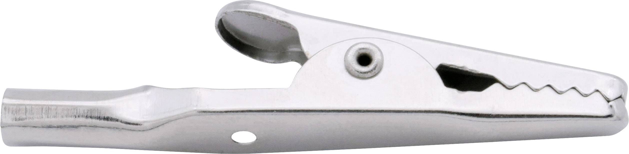 Egy fémes, ezüstszínű krokodilcsipesz fémből, fogazott fogakkal és egy oldalsó lyukkal.