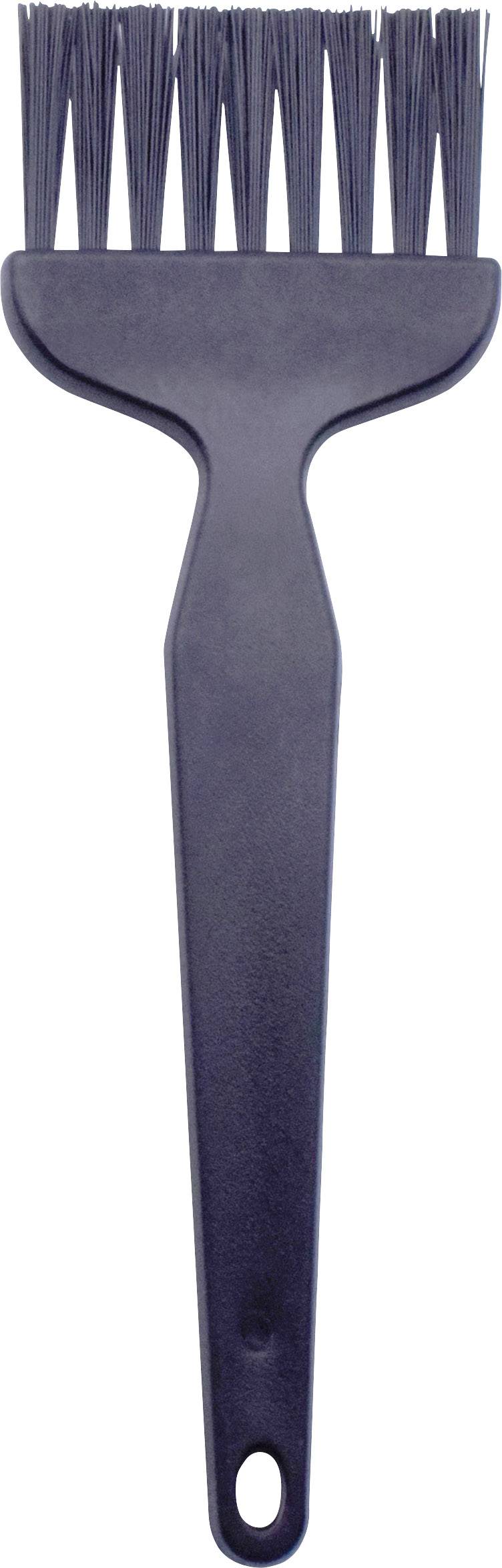 Egy fekete ecset műanyag nyéllel és sörtékkel, amely grillezési kellékekhez vagy konyhai használatra alkalmas.