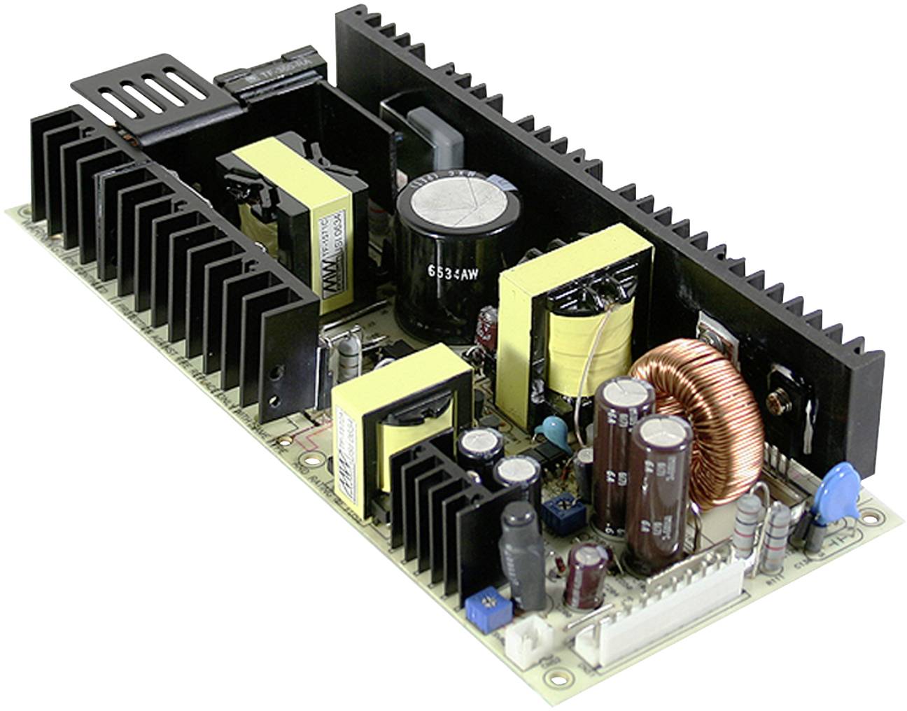 Elektronikus áramköri lap hűtőbordákkal, kondenzátorokkal és tekercsekkel; egy tápegység része.