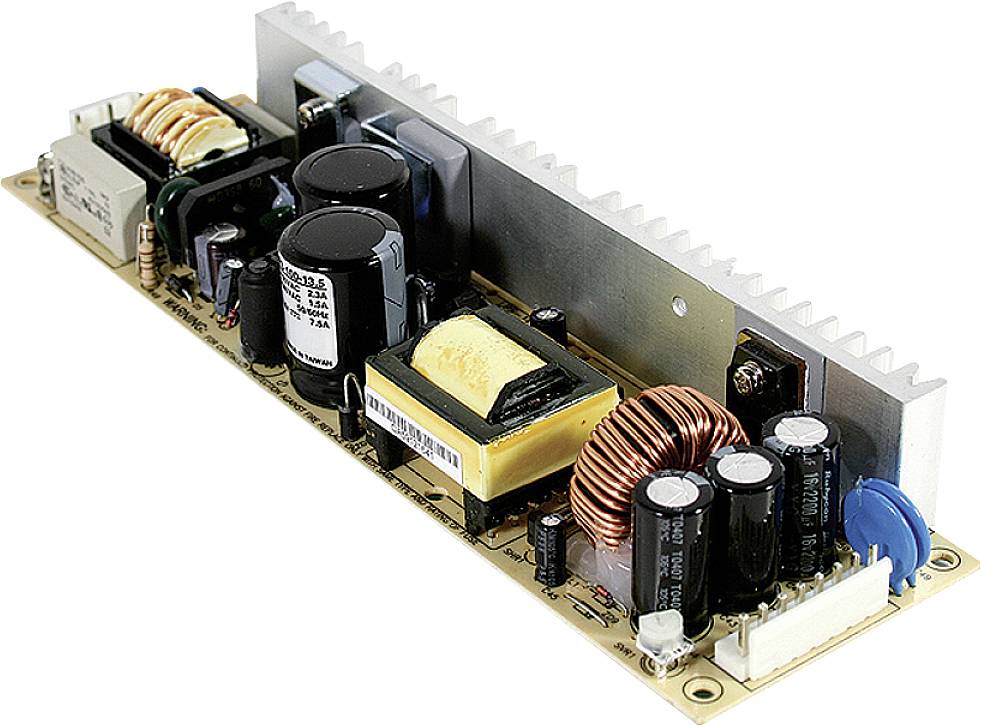 Egy nyitott kapcsolóüzemű tápegység áramköri lapja, rajta különböző elektronikai alkatrészekkel, úgymint tekercsek, kondenzátorok és hűtőbordák.