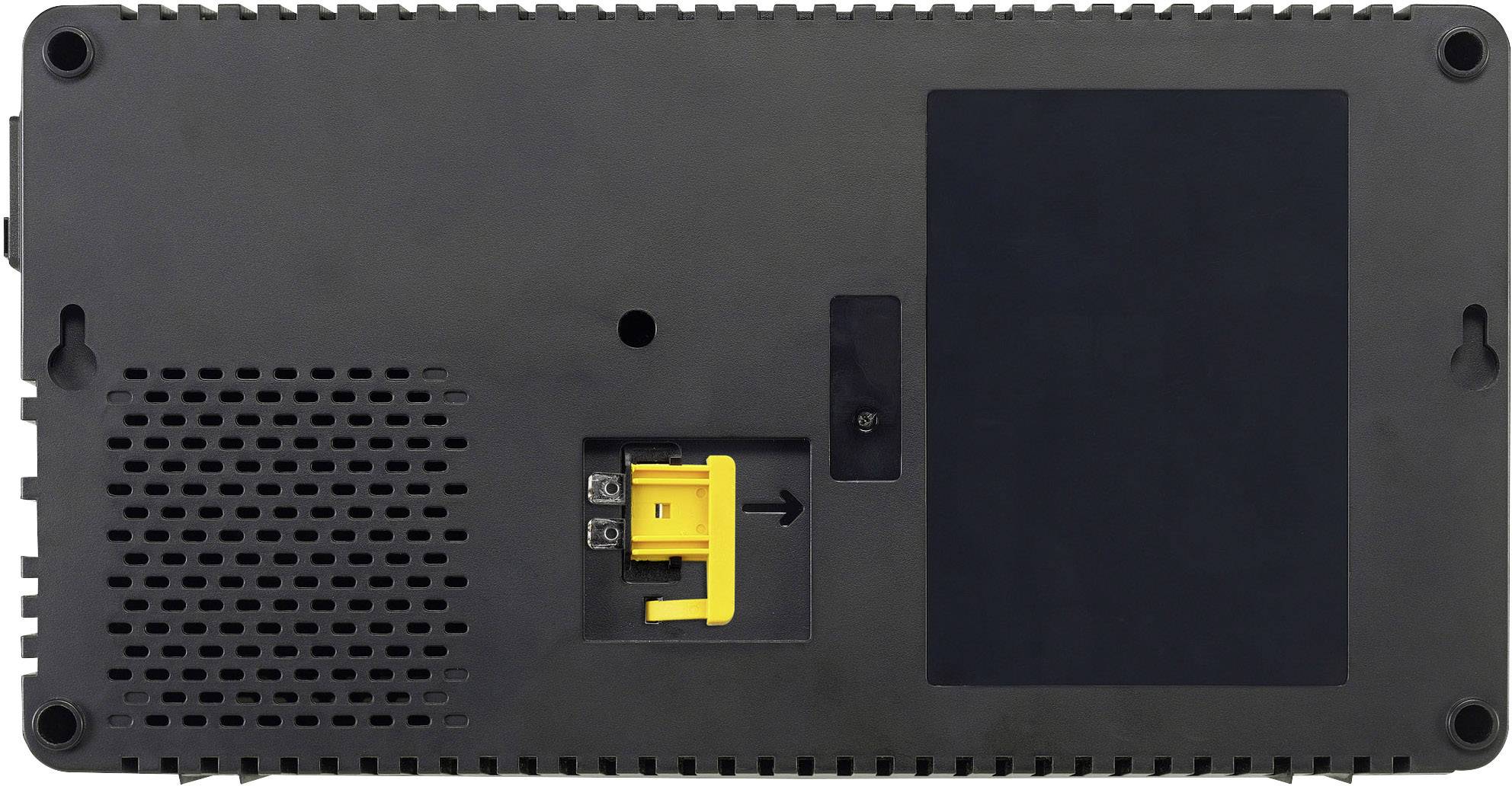Egy elektronikus eszköz hátoldala, bal oldalon szellőzőnyílásokkal, középen egy sárga csipesszel, és jobb oldalon egy fedett rekesszel.