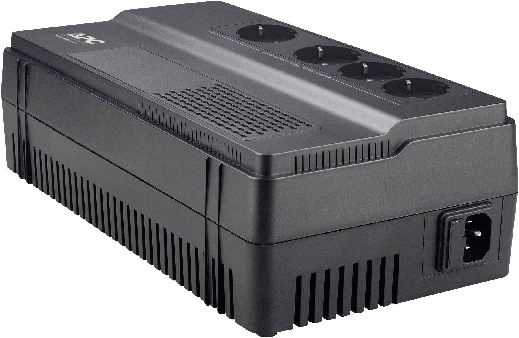 Egy fekete szünetmentes tápegység három aljzattal és egy szellőzőráccsal a tetején. Elektronikai eszközök védelméhez alkalmas.