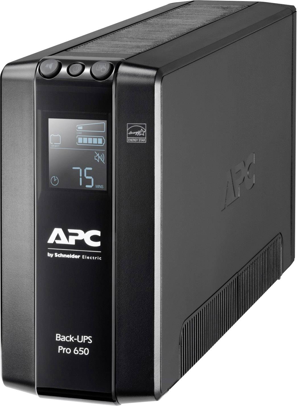 Egy Schneider Electric fekete APC Back-UPS Pro 650 típusú készülék, amelynek kijelzőjén 75 perc hátralévő akkumulátor-üzemidő látható.