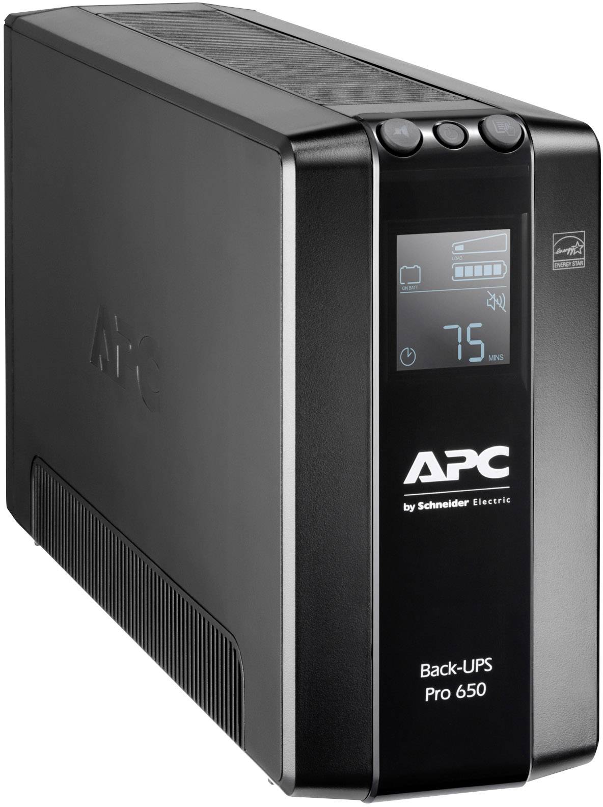 Egy APC gyártmányú, Back-UPS Pro 650 típusú megszakítás nélküli tápegység (UPS), digitális kijelzővel, amely 75%-os töltöttséget mutat.