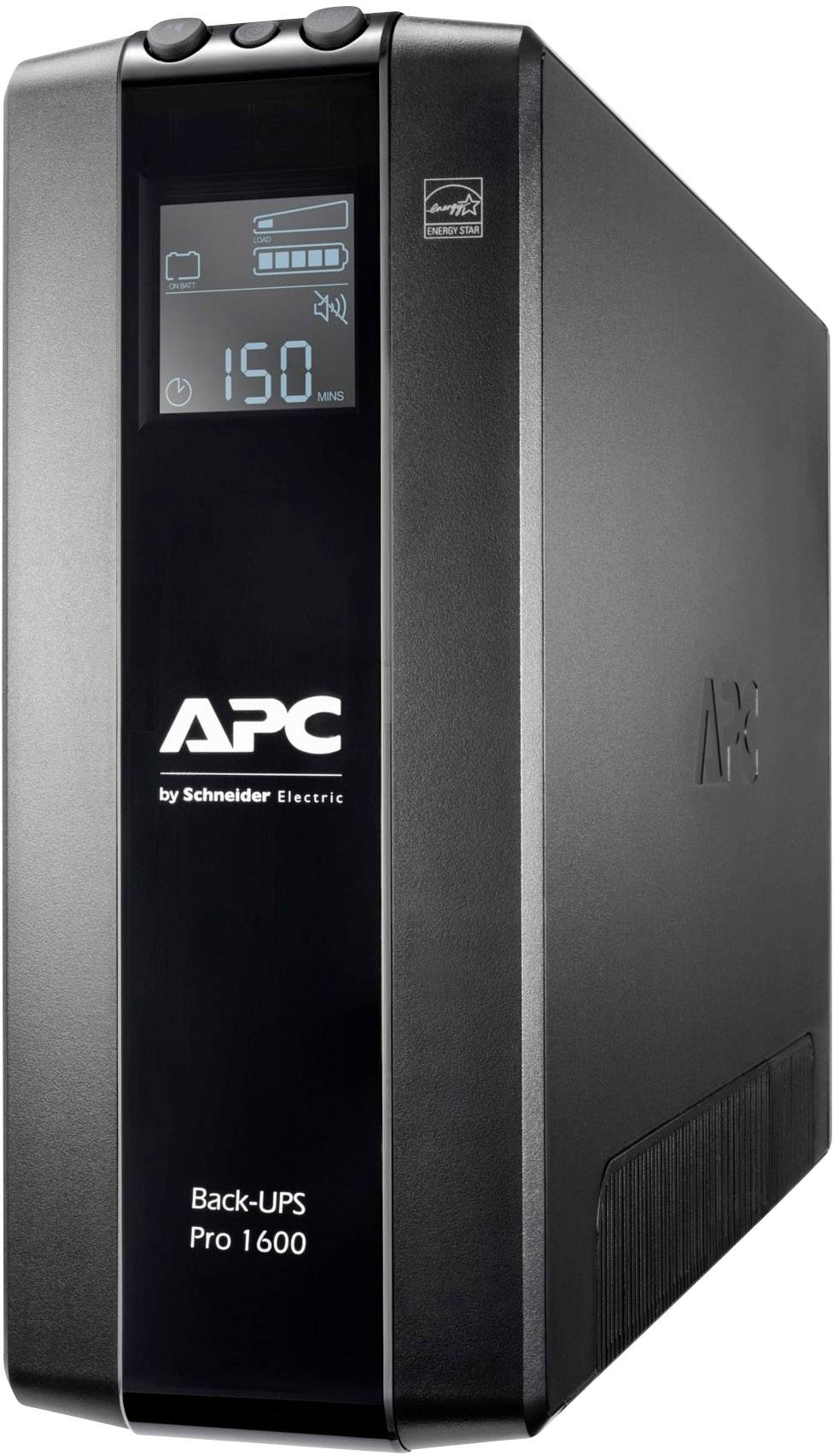 Egy APC márkájú USV-egység, Back-UPS Pro 1600 típus, digitális kijelzővel, 150V-ot mutat.