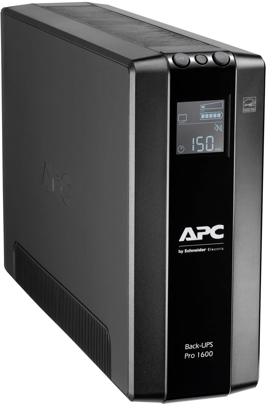 USV-Gerät APC Back-UPS Pro 1600 kijelzővel, amely megjeleníti az akkumulátor állapotát és teljesítményadatait. Fekete, doboz formájú dizájn.