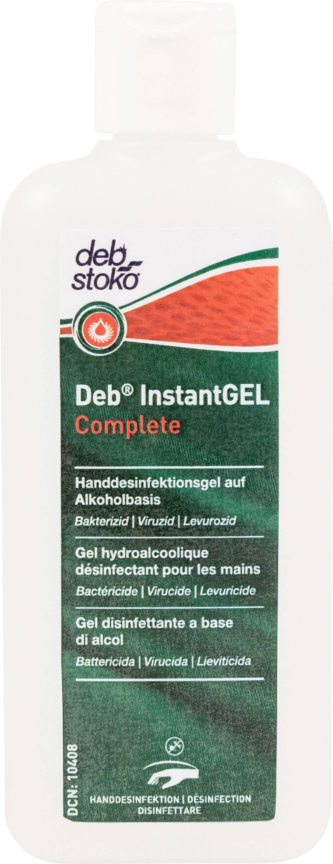 Zöld címkés fertőtlenítőgél-flakon, "Deb InstantGel Complete" felirattal, alkoholalapú, antibakteriális.