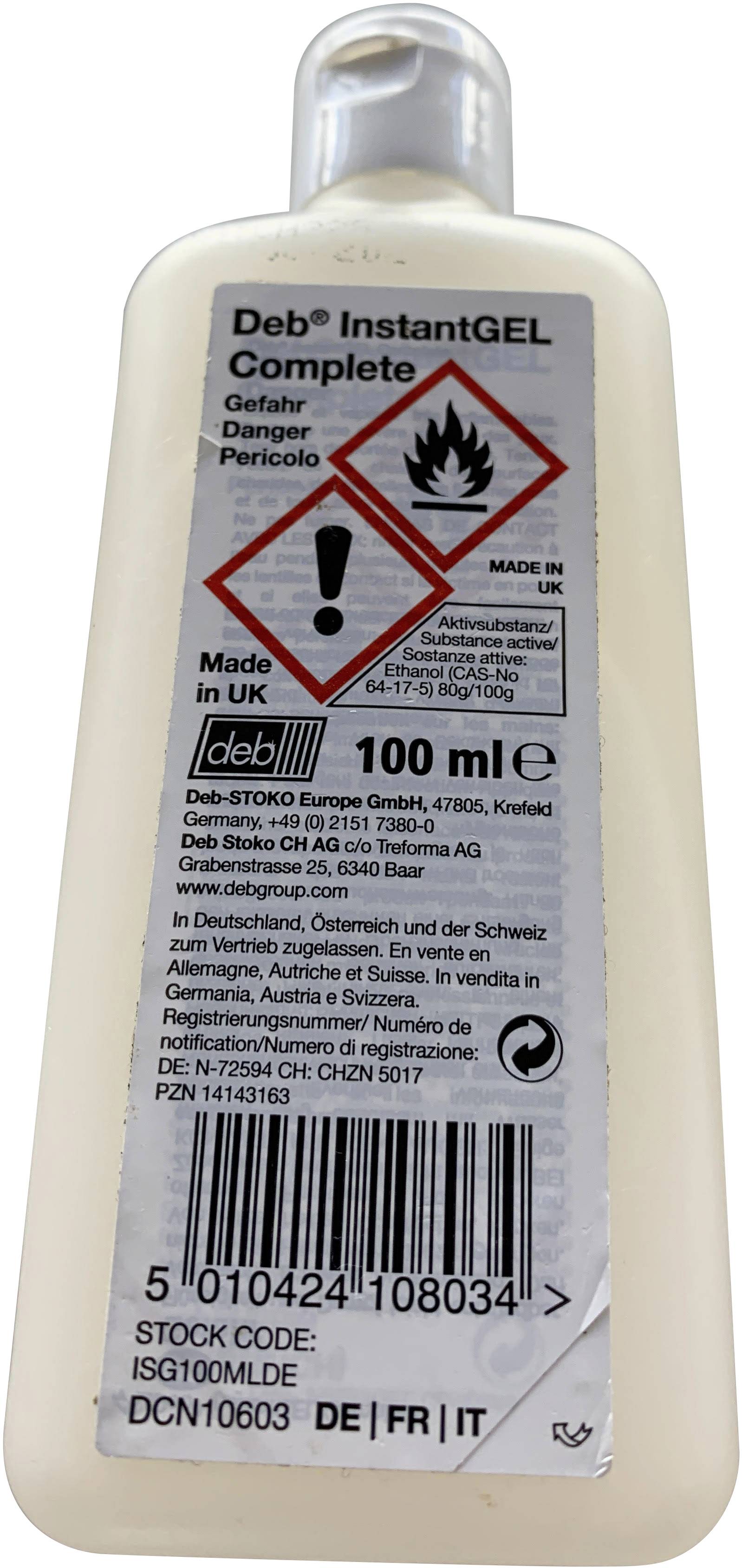 Fertőtlenítő gél átlátszó üvegben, 'Veszély' figyelmeztető felirattal és lángtípusú szimbólummal. Térfogat 100 ml, gyártva az Egyesült Királyságban. Vonalkódok alul.
