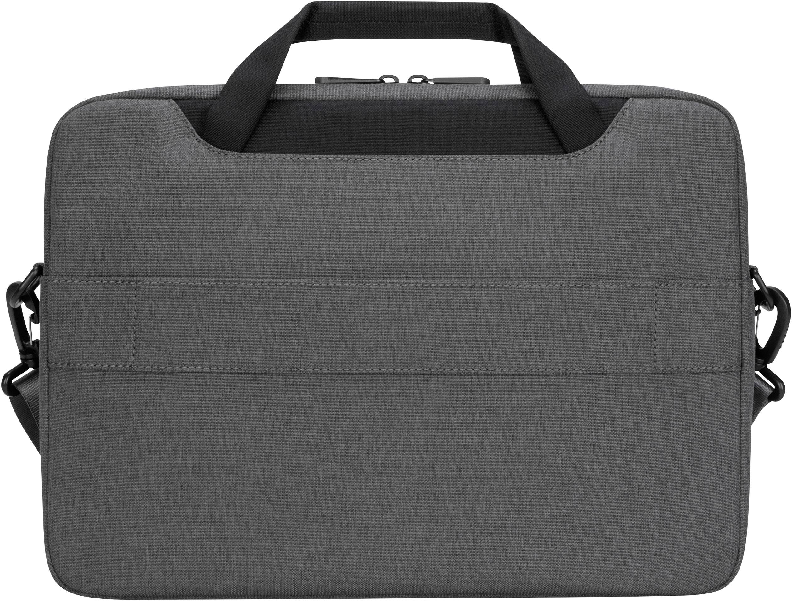 Szürke laptop táska két fogantyúval, felső cipzárral és oldalsó kampókkal a vállpánthoz. Egyszerű, téglalap alakú kivitel.