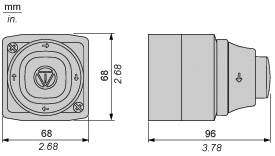 Kamera műszaki rajza, elölnézet és oldalnézet. Méret: 68 mm (2,68 hüvelyk) magasság/szélesség, 96 mm (3,78 hüvelyk) mélység.