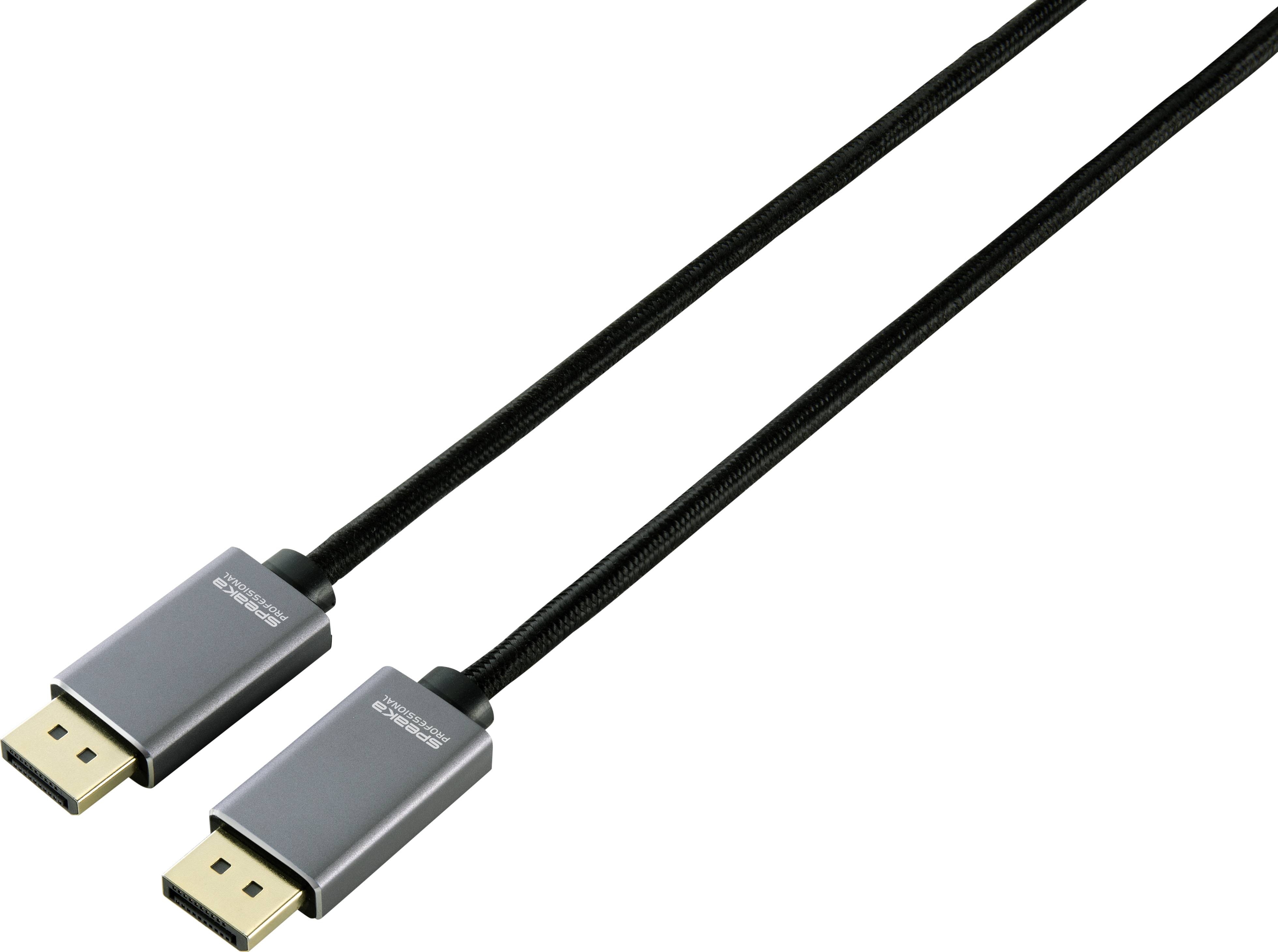 Egy hosszú, fekete DisplayPort-kábel fémcsatlakozókkal mindkét végén, alkalmas nagy felbontású videóátvitelhez.