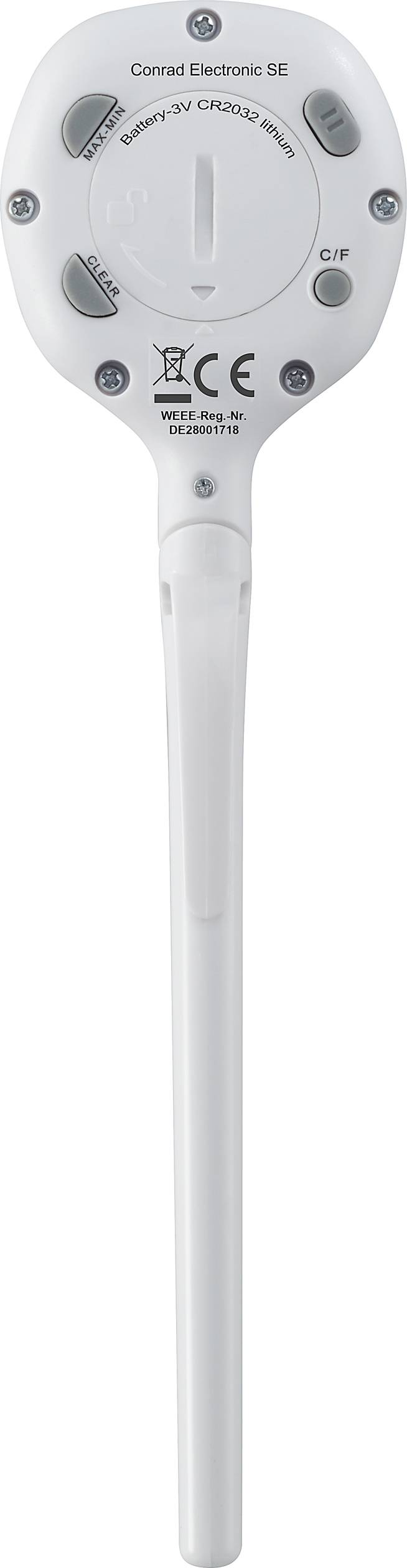 Egy fehér digitális talajnedvesség-érzékelő hosszú szondával és elemtartóval, a Conrad Electronic SE termékei közül.