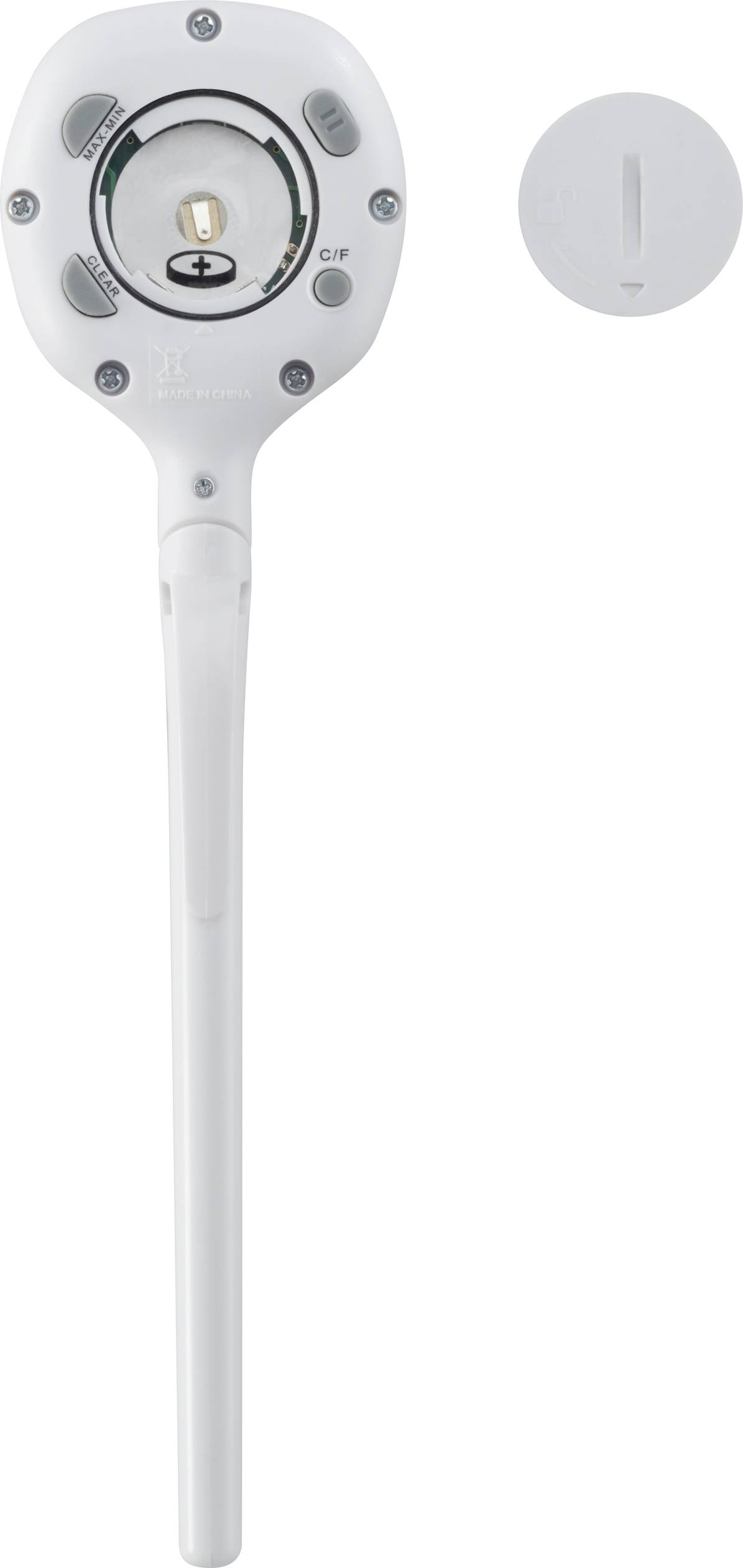 Egy fehér mágneses adapter hosszú nyéllel, csavarszerű komponensektől körülvéve, egyetlen nyílással felül.