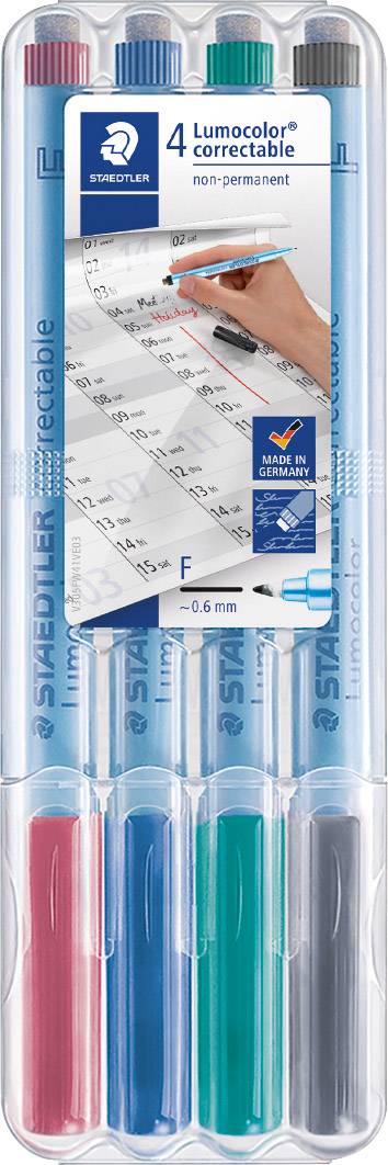 Egy csomag négy nem állandó filctoll különböző színekben, amelyek alkalmasak fóliákra vagy más sima felületekre történő íráshoz.