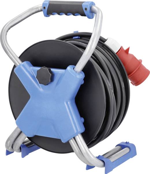 Egy kék kábeldob piros csatlakozóval, használatra kész elektromos alkalmazásokhoz. Tökéletes építkezésekhez és szabadtéri munkákhoz.