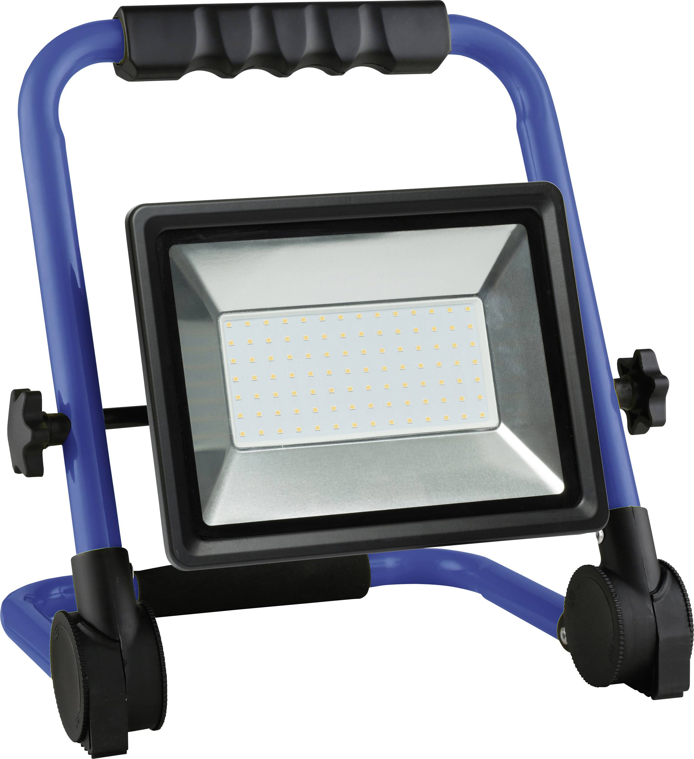 Hordozható LED-reflektor kék fémkerettel és fogantyúval. Tökéletes építési területek vagy munkaterületek megvilágítására.