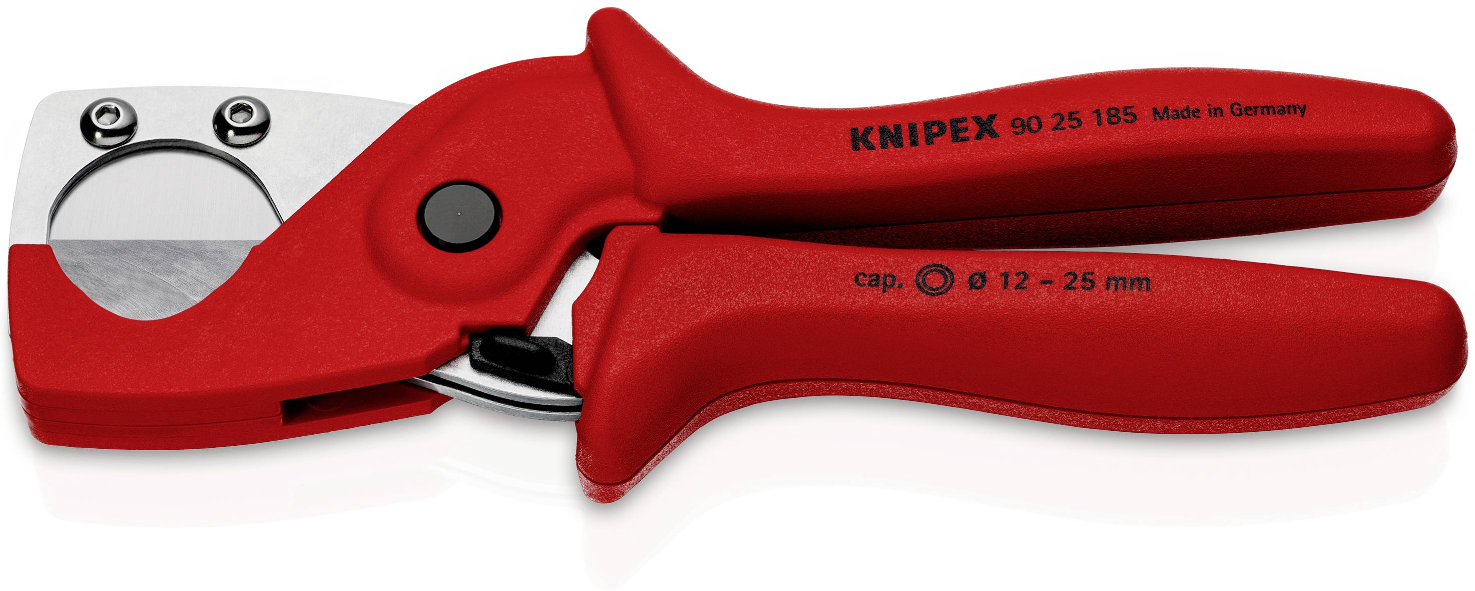 Vörös Knipex csőmetszők műanyag csövekhez, alkalmas 12-25 mm átmérőjű csövekhez, gyártva Németországban.