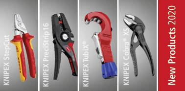 Négy KNIPEX eszköz: StepCut, PreciStrip16, TubiX, Cobra XS. Piros háttéren a 'New Products 2020' felirat áll.