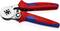 Egy piros és kék Knipex krimpelőfogó, amelyen a '0,08-16 mm²/AWG 28-5' felirat látható. Kábelek krimpelésére használják.