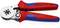 Piros és kék fogantyús racsnis kulcs, alkalmas 0,08-16 mm² / AWG 28-5 méretű kábelek vágásához, a Knipex gyártásában, Németországban készült.