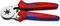 A képen egy piros és kék Knipex márkájú krimpelőfogó látható, amely 0,08-10 mm²/AWG 28-7 kábelmetszetekhez lett kialakítva.