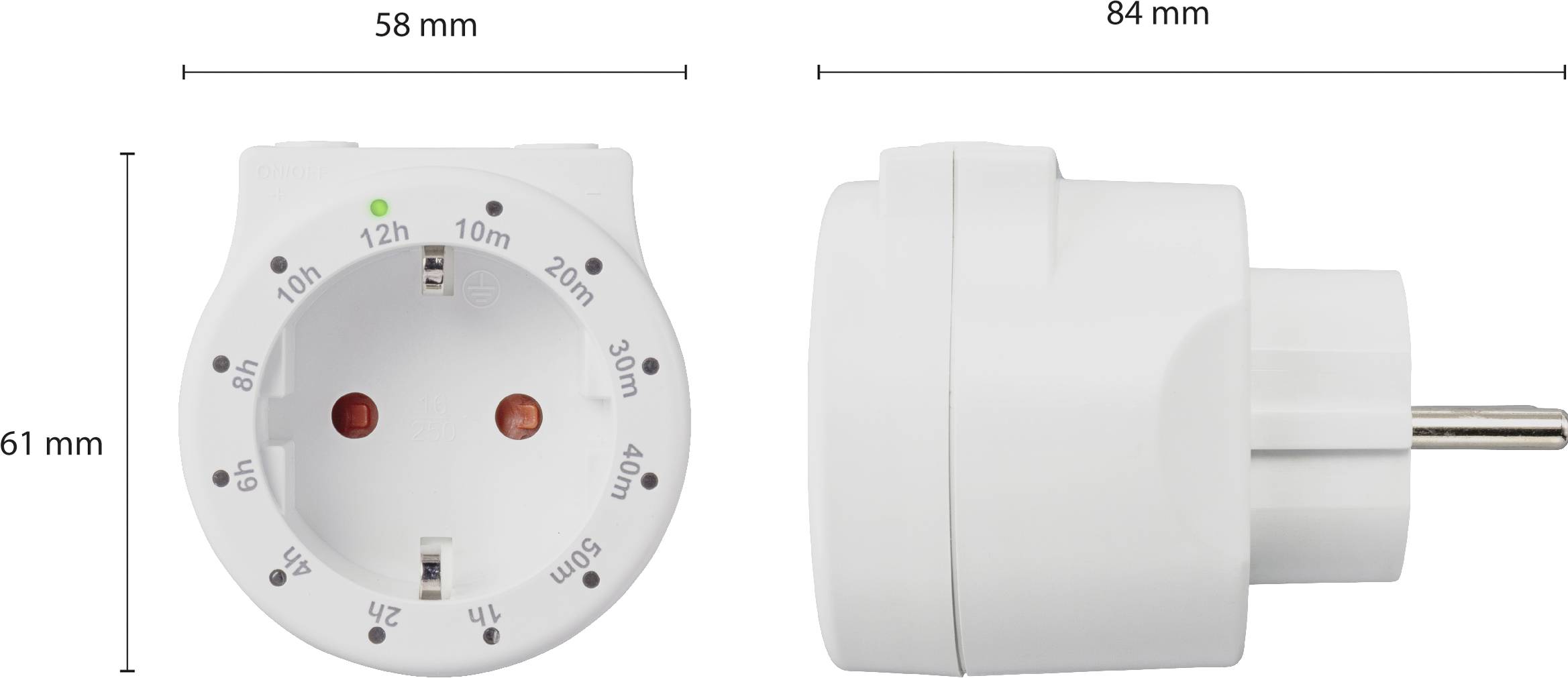 Elektromos időkapcsolós dugalj oldalnézeti és frontális nézetben. Méretei: szélesség 58 mm, magasság 61 mm, mélység 84 mm.