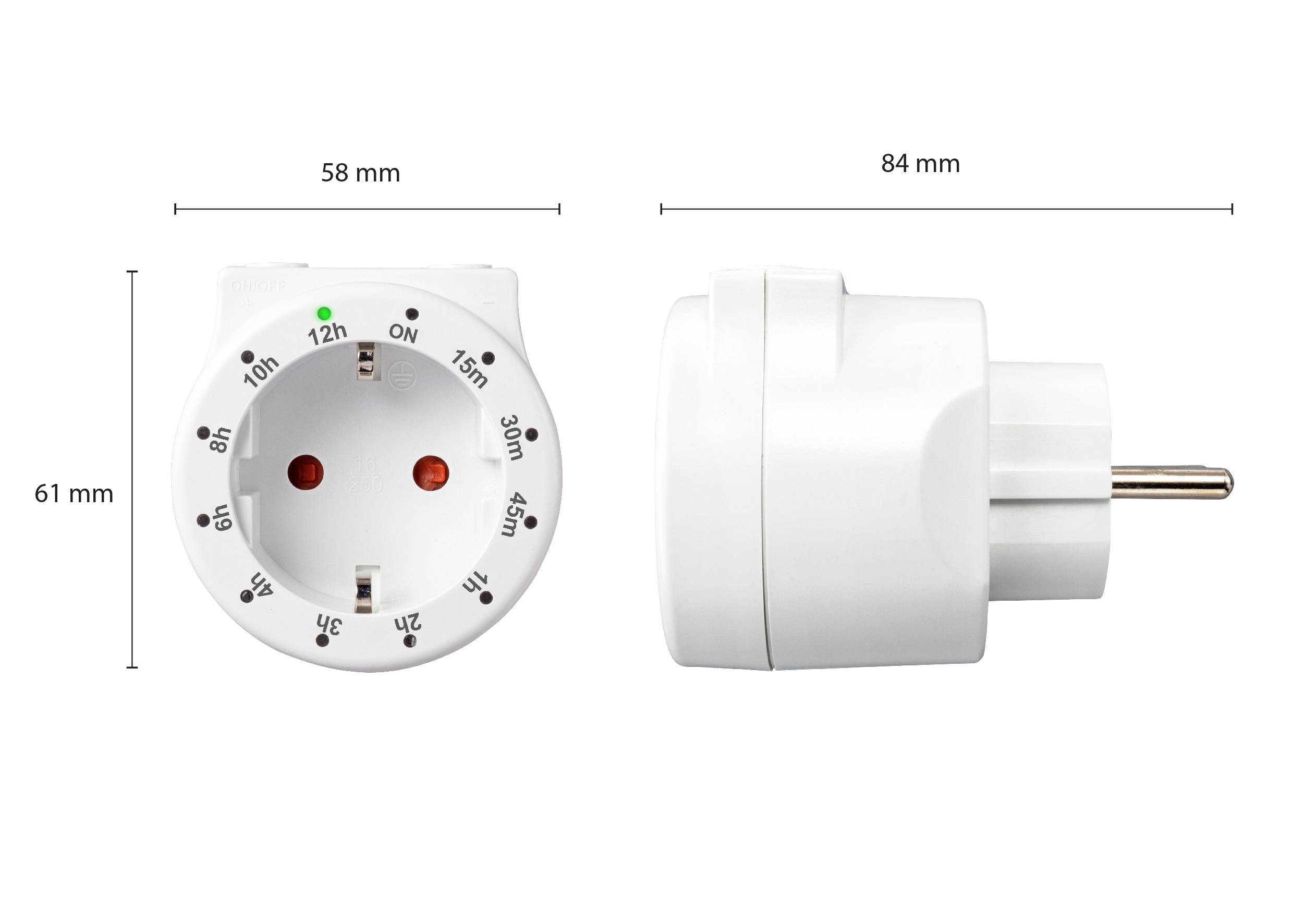 Fehér dugaszolóaljzat-időzítő, méretei: 58 mm szélesség, 61 mm magasság, 84 mm mélység. 15 perces intervallumokban mutatja az időbeállításokat.