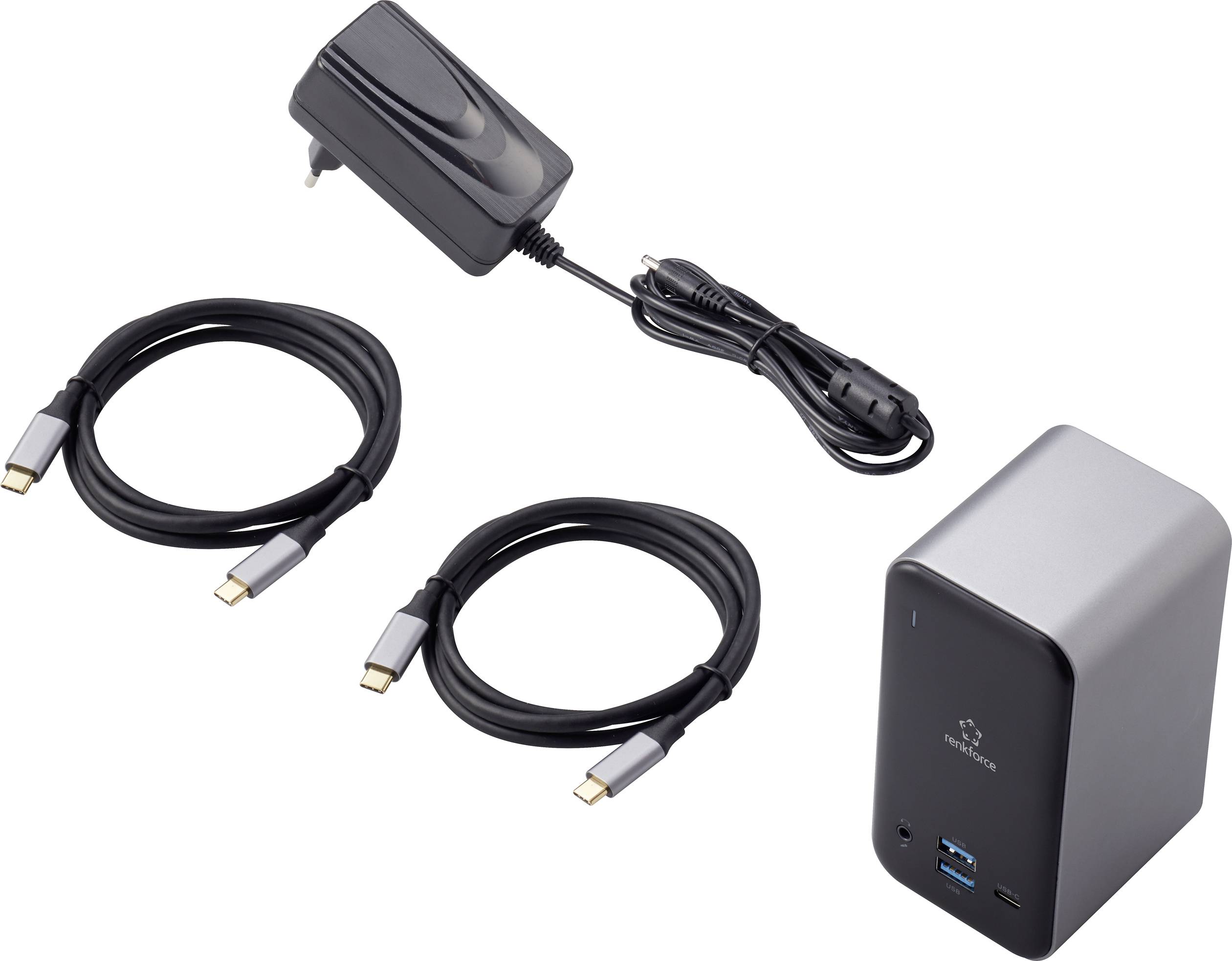 Töltő csatlakozóval, két USB-C kábellel és egy szürke USB-elosztóval, amely két USB-C és egy USB-A csatlakozóval rendelkezik.