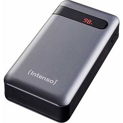 Egy ezüstszínű 'Intenso' márkájú powerbank digitális kijelzővel, amelyen '98' látható, jelezve az akkumulátor aktuális töltöttségi szintjét százalékban.