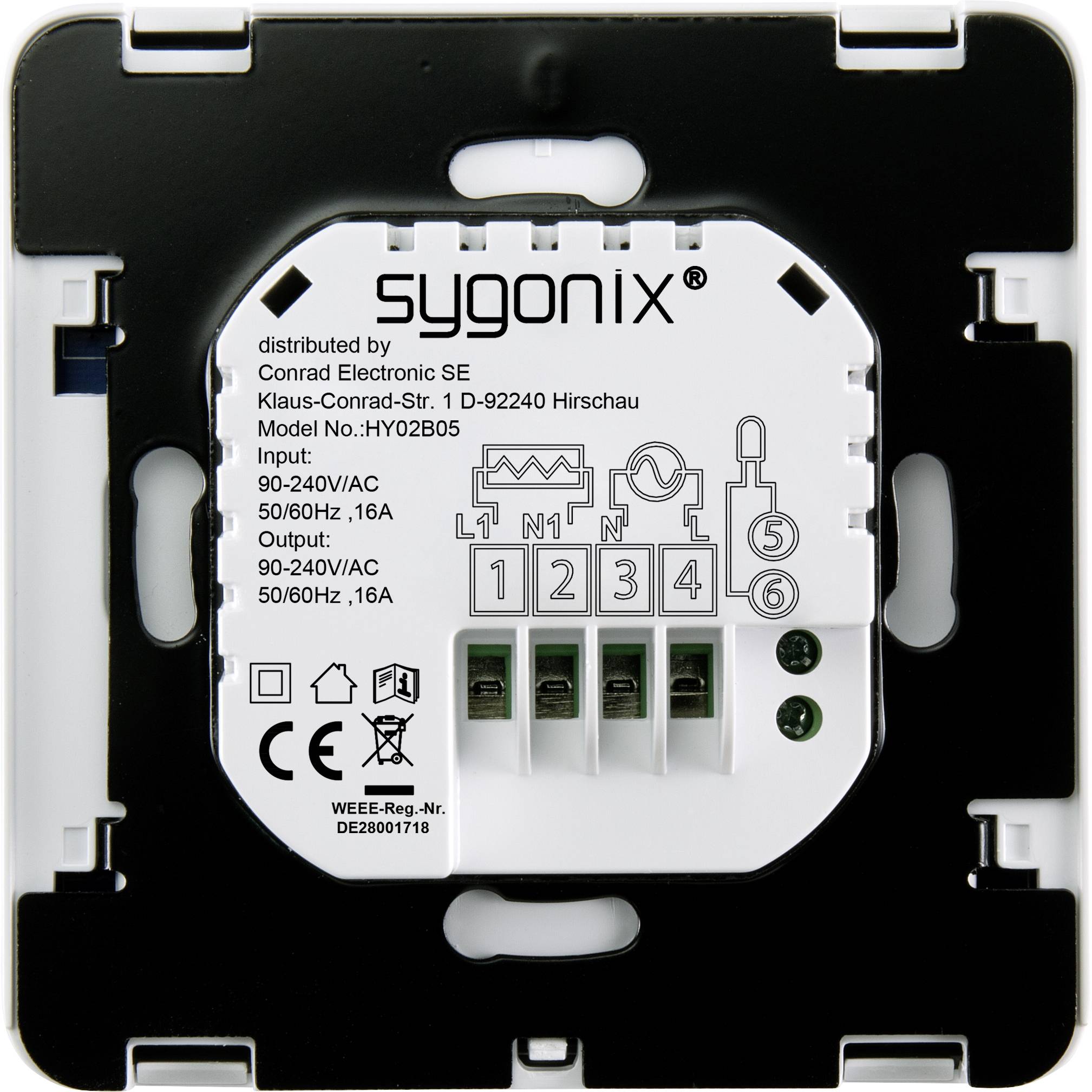 'A sygonix által gyártott süllyesztett köztes dugó, modellszám: HYO2805, 90-240V, 50/60Hz, max. 16A. Telepítési nézet csatlakozó kapcsokkal.'