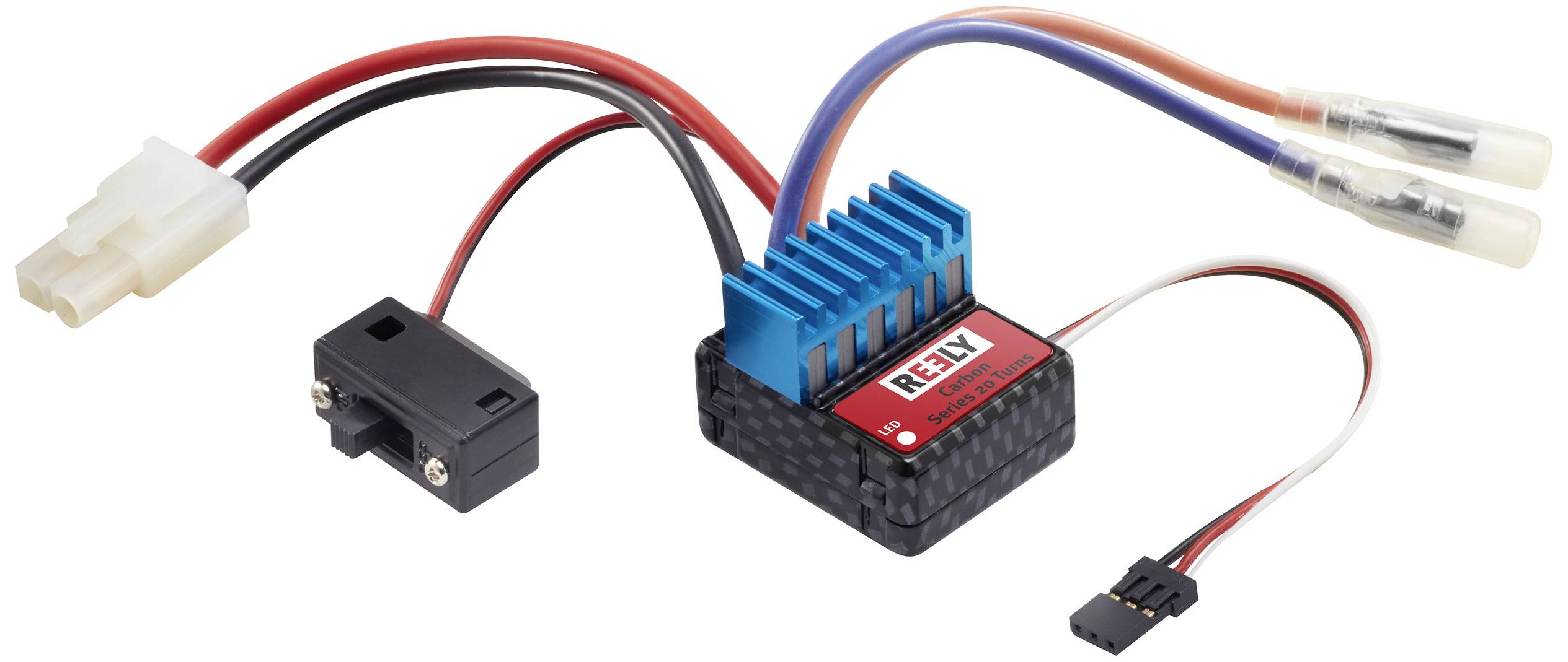 Egy elektronikus sebességszabályzó több kábellel és csatlakozóval, távirányítású járművekhez megfelelő. Egy kék hűtőborda látható.