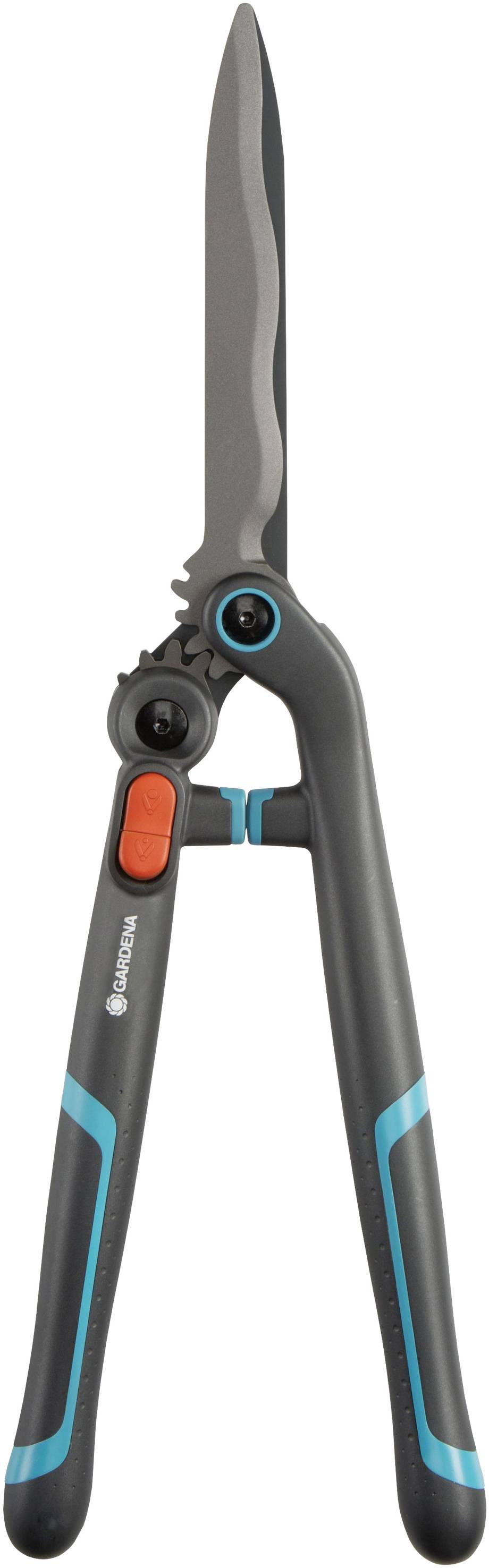 Sövénynyíró ergonomikus markolattal és hullámos pengékkel a precíz vágásokhoz.