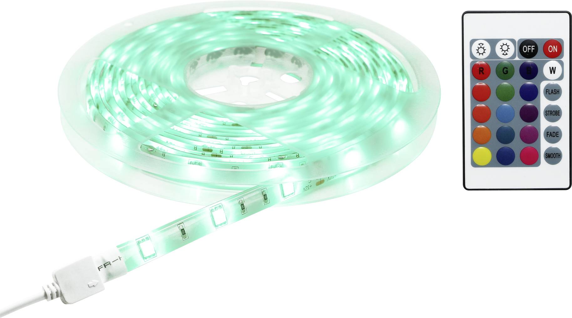 Zöld LED-fényszalag távirányítóval. A távirányító színek és funkciók gombjait mutatja. Tökéletes dekoratív világításhoz.