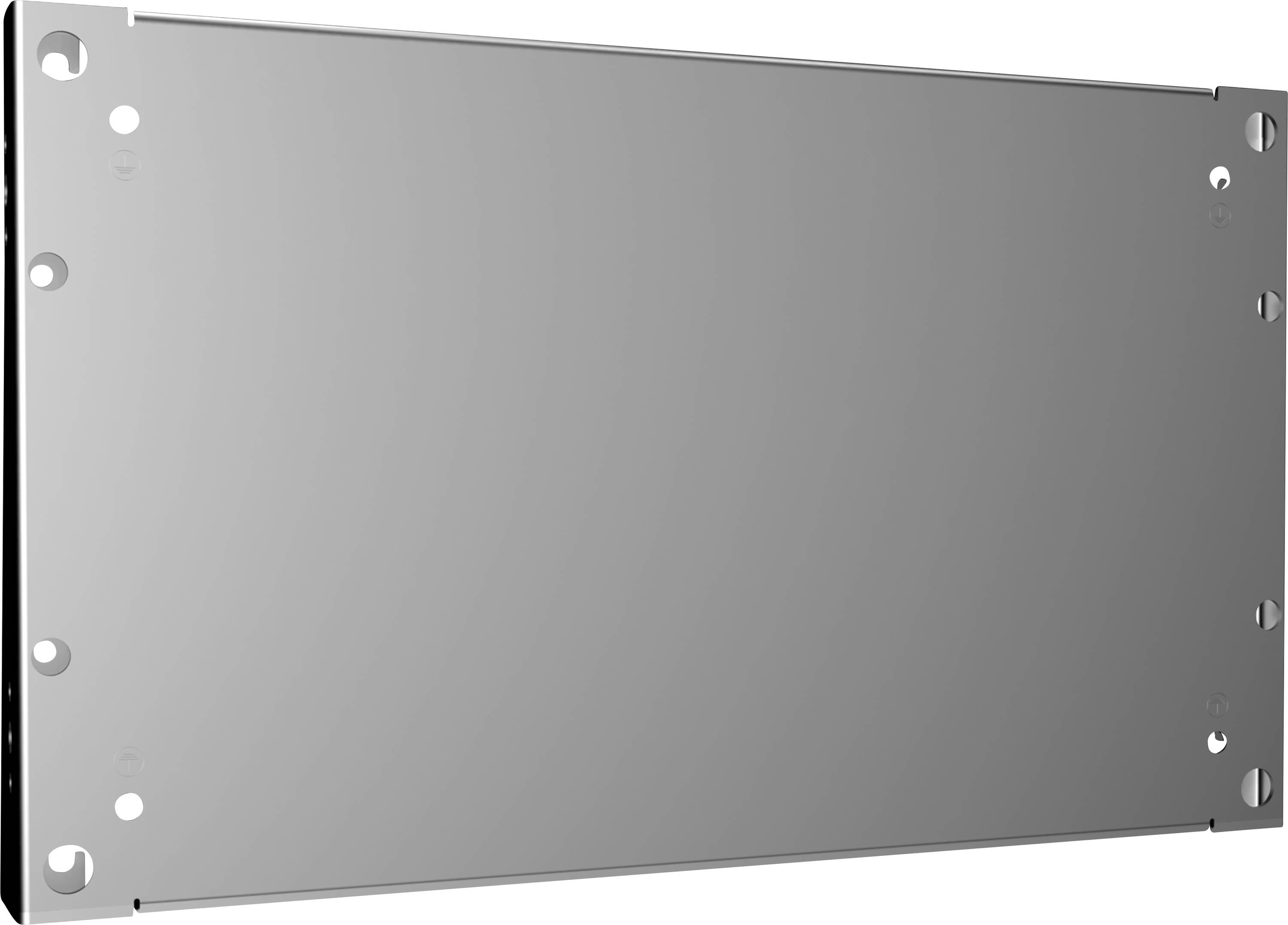 Egy lekerekített sarkú, ezüstszínű téglalap alakú fémlemez, amelynek szélein több furat található.